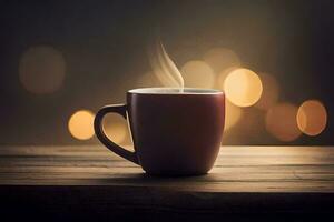 a cup of coffee on a wooden table with bokeh lights. AI-Generated photo