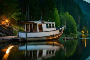 a boat sits on the shore of a lake at night. AI-Generated photo