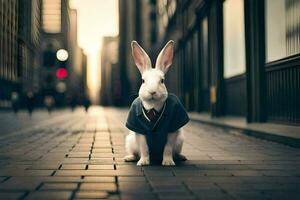 a rabbit wearing a suit and tie sits on the street. AI-Generated photo