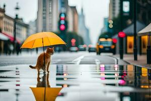 un gato en pie en el lluvia con un sombrilla. generado por ai foto