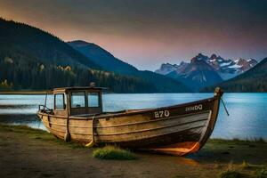 a boat sits on the shore of a lake. AI-Generated photo