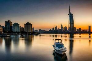 the city skyline is reflected in the water at sunset. AI-Generated photo