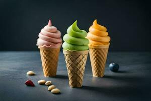 three ice cream cones with different colors. AI-Generated photo