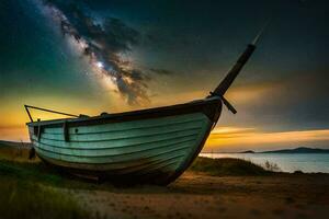 un barco en el playa a noche con el lechoso en el cielo. generado por ai foto