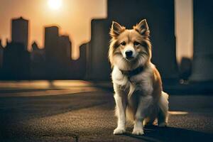 a dog sitting on the ground in front of a city. AI-Generated photo