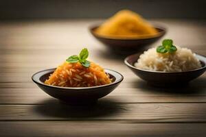 three bowls of rice with spices on a wooden table. AI-Generated photo