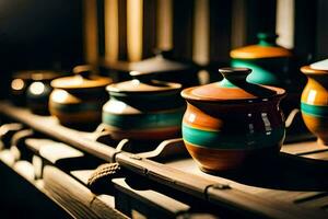 a row of colorful pots on a shelf. AI-Generated photo