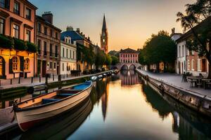 a boat is docked on a canal in a city. AI-Generated photo