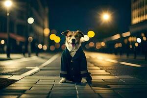 a dog in a suit sitting on the street at night. AI-Generated photo