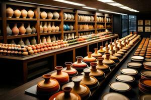 a room filled with many different types of pottery. AI-Generated photo