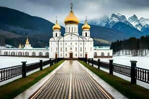 a white church with golden domes in the middle of a snowy field. AI-Generated photo