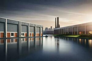 a factory building with a canal in front of it. AI-Generated photo