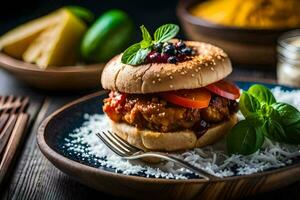 a hamburger with tomatoes, peppers and herbs on a bun. AI-Generated photo