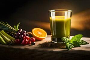 a glass of green juice with fruits and spices. AI-Generated photo
