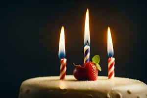 a strawberry and three candles are lit on a birthday cake. AI-Generated photo