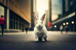 a white rabbit is standing in the middle of a city street. AI-Generated photo