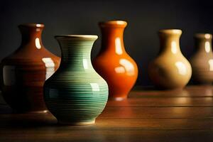 a row of colorful vases on a wooden table. AI-Generated photo