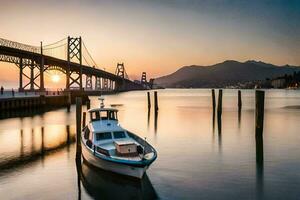 a boat sits in the water near a bridge. AI-Generated photo