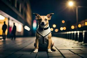 a dog wearing a vest sitting on the sidewalk at night. AI-Generated photo