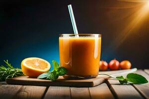 a glass of orange juice with a straw and a slice of lemon. AI-Generated photo