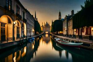 a boat is on a canal at sunset in a city. AI-Generated photo