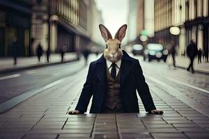 a rabbit wearing a suit and tie on the street. AI-Generated photo