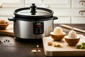 a slow cooker with eggs and other ingredients. AI-Generated photo
