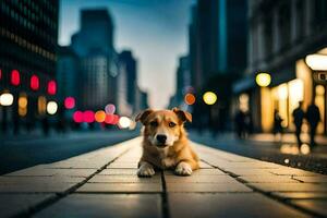 a dog sitting on the sidewalk in a city. AI-Generated photo