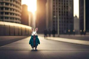 a rabbit in a blue jacket standing in the middle of a city. AI-Generated photo