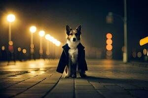 a dog in a coat standing on a street at night. AI-Generated photo