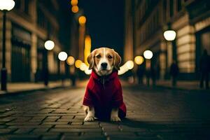 un perro vistiendo un rojo Saco se sienta en el calle a noche. generado por ai foto