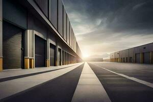 a long empty warehouse with a sun setting behind it. AI-Generated photo