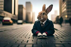 un Conejo vestido en un traje y Corbata sentado en el suelo. generado por ai foto