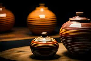 a group of vases are sitting on a table. AI-Generated photo