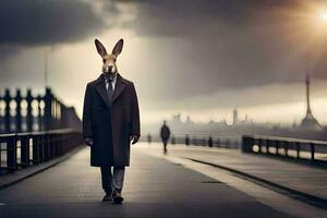 a rabbit wearing a suit and tie walking on a bridge. AI-Generated photo