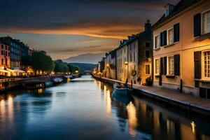 a canal in an old town at dusk. AI-Generated photo