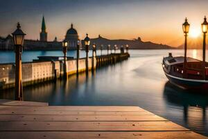 a boat is docked in the water at sunset. AI-Generated photo