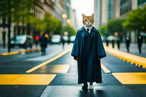 a cat dressed as a judge is walking down the street. AI-Generated photo