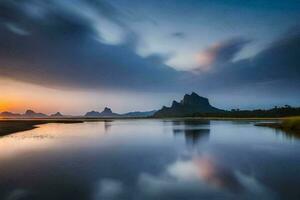 the sun sets over a lake and mountains. AI-Generated photo