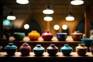 a row of colorful vases on a shelf. AI-Generated photo