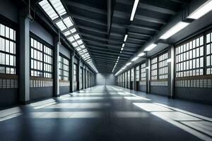 an empty warehouse with lots of windows and light. AI-Generated photo