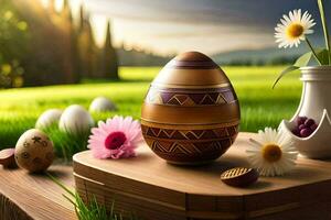 easter egg on a wooden table with flowers and a vase. AI-Generated photo