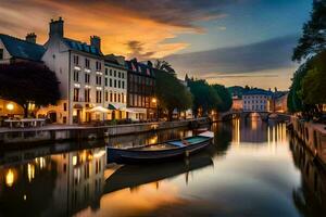 a boat is docked on a canal at sunset. AI-Generated photo