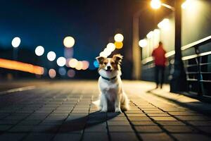 a dog sitting on a brick walkway at night. AI-Generated photo