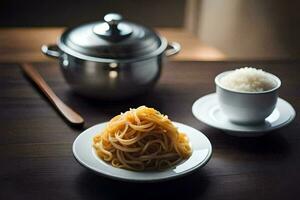 a bowl of noodles and a cup of rice. AI-Generated photo