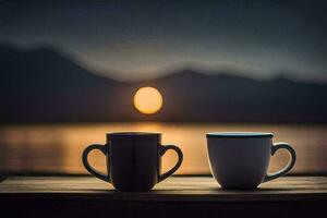 two coffee cups sit on a table in front of a lake at sunset. AI-Generated photo