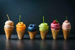 five different ice cream cones with different flavors. AI-Generated photo