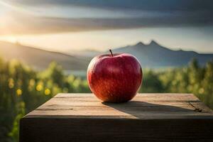 un manzana se sienta en un de madera mesa en frente de un montaña. generado por ai foto