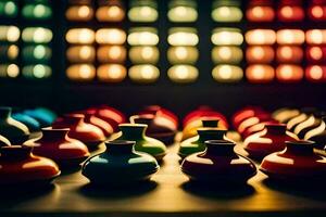 colorful vases sit in front of a wall of lights. AI-Generated photo