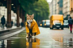 a cat in a raincoat walking on a street. AI-Generated photo